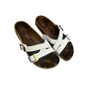 Birkenstock Yao White Strappy Sandal, Women’s 37 Leather Mule Comfort Slip-On
